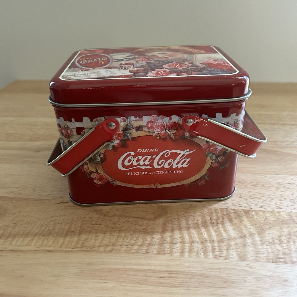Vintage Drink Coca Cola Coke Tin Box & lid Handles Roses Red collector decor